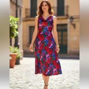 NWT $ 169 Talbots Satin Cowl Neck Floral Sleeveless Fit & Flare Midi Dress Sz 4